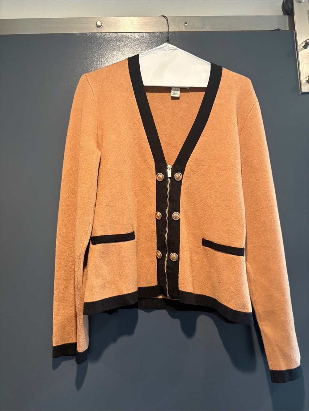 Tan Knit Cardigan with Black Trim and Gold Buttons